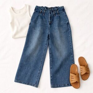 Design Lab Paperbag Waist Wide Leg Cropped Jeans 100% Cotton Size 28